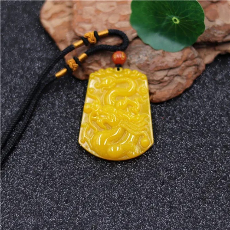 Men Accessories For Hand - Pendentif Dragon Jade jaune chinois, collier